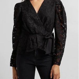 Express -  Black Lace Wrap Front Bow Top - Size XL